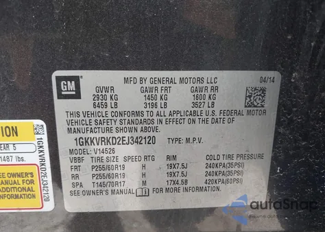 2014 GMC Acadia Slt-1 from USA, damaged, VIN 1GKKVRKD2EJ342120